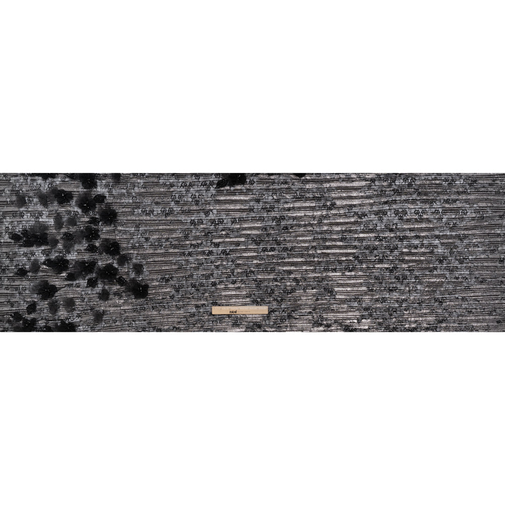 Foiled Plisse Lace with Beaded and Embroidered 3D Fabric Flowers and Leaves - Black and Silver Floral