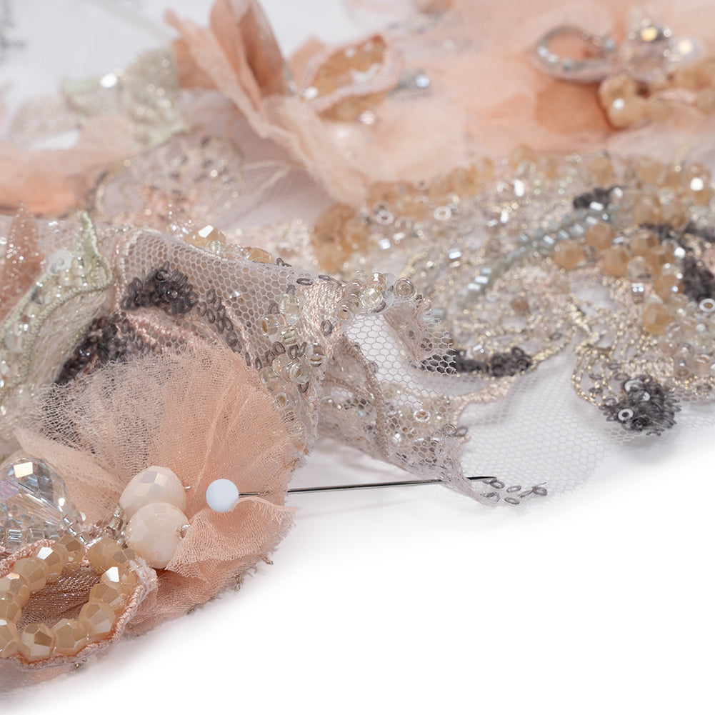 Embroidered and Beaded Tulle with 3D Fabric Flowers - Pale Pink, Peach and Gray Bold Blossoms