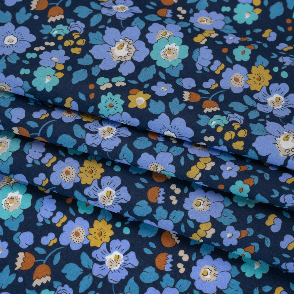 Liberty Fabrics Tana Lawn® - Betsy Meadow Dark Blue - Blue, Periwinkle and Yellow Illustrated Floral