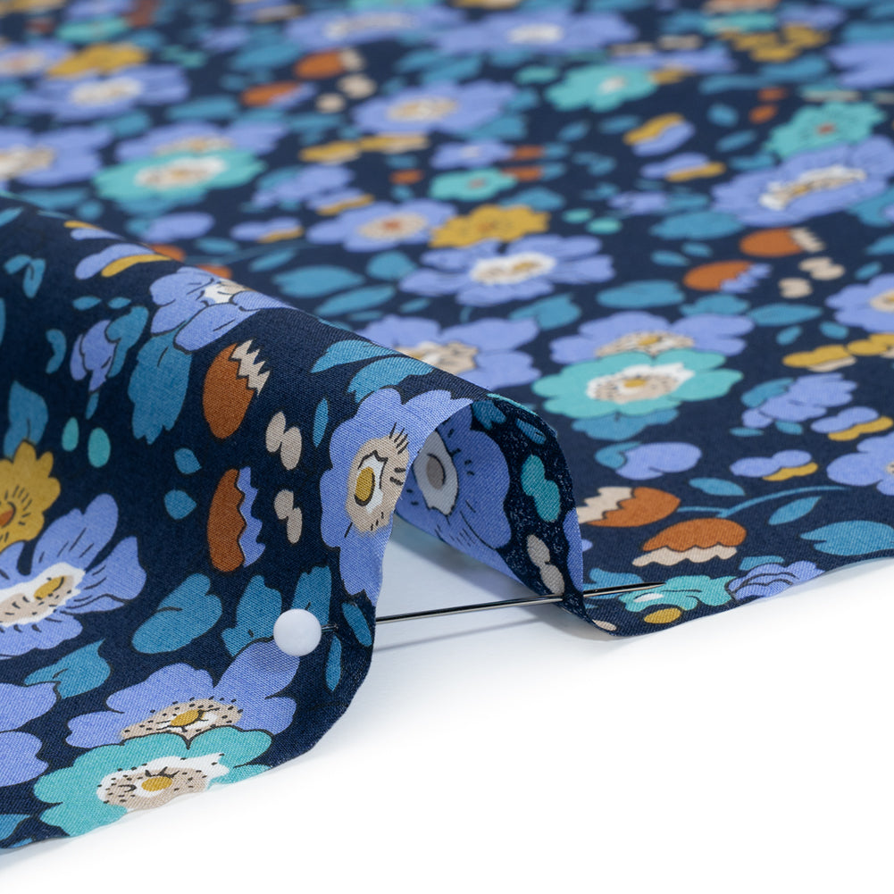 Liberty Fabrics Tana Lawn® - Betsy Meadow Dark Blue - Blue, Periwinkle and Yellow Illustrated Floral