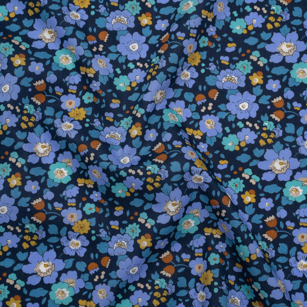 Liberty Fabrics Tana Lawn® - Betsy Meadow Dark Blue - Blue, Periwinkle and Yellow Illustrated Floral