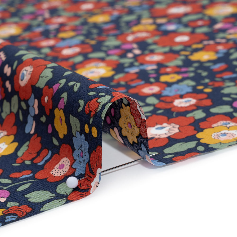 Liberty Fabrics Tana Lawn® - Betsy Meadow Multi Bright - Navy Blue, Red and Yellow Illustrated Floral
