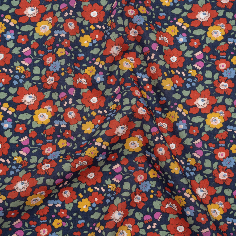 Liberty Fabrics Tana Lawn® - Betsy Meadow Multi Bright - Navy Blue, Red and Yellow Illustrated Floral