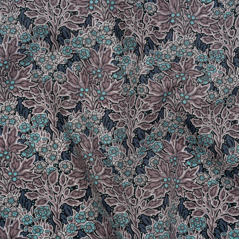 Liberty Fabrics Tana Lawn® - Aubrey Forest Blue - Blue and Orchid Purple Leafy Floral Chevrons