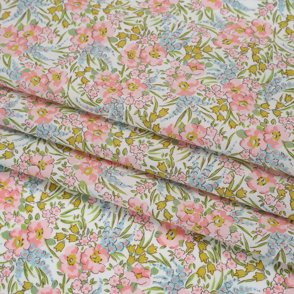 Liberty Fabrics Tana Lawn® - Swirling Petals Light Pink - Baby Pink, Blue and Yellow Green Floral