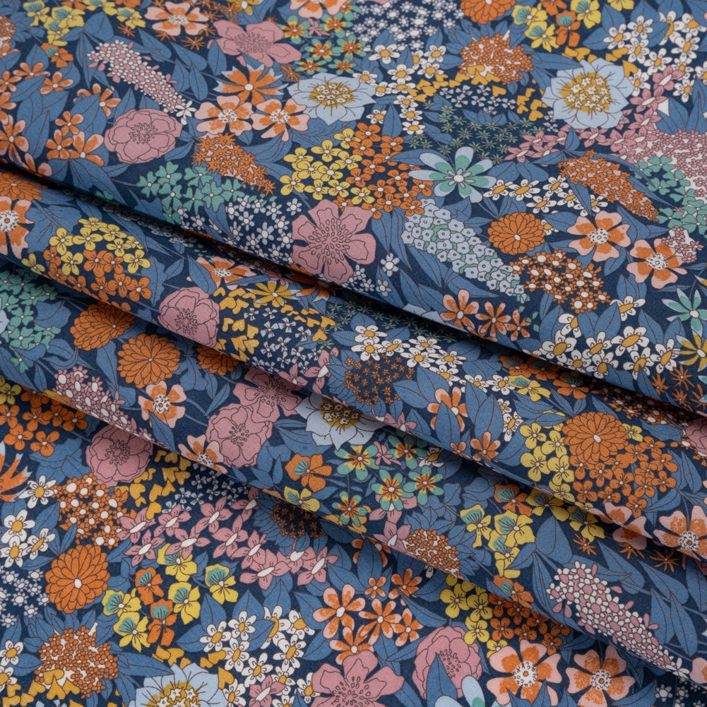 Liberty Fabrics Tana Lawn® - Ciara Dark Blue - Muted Blue, Dark Orange and Rose Pink Flower Garden