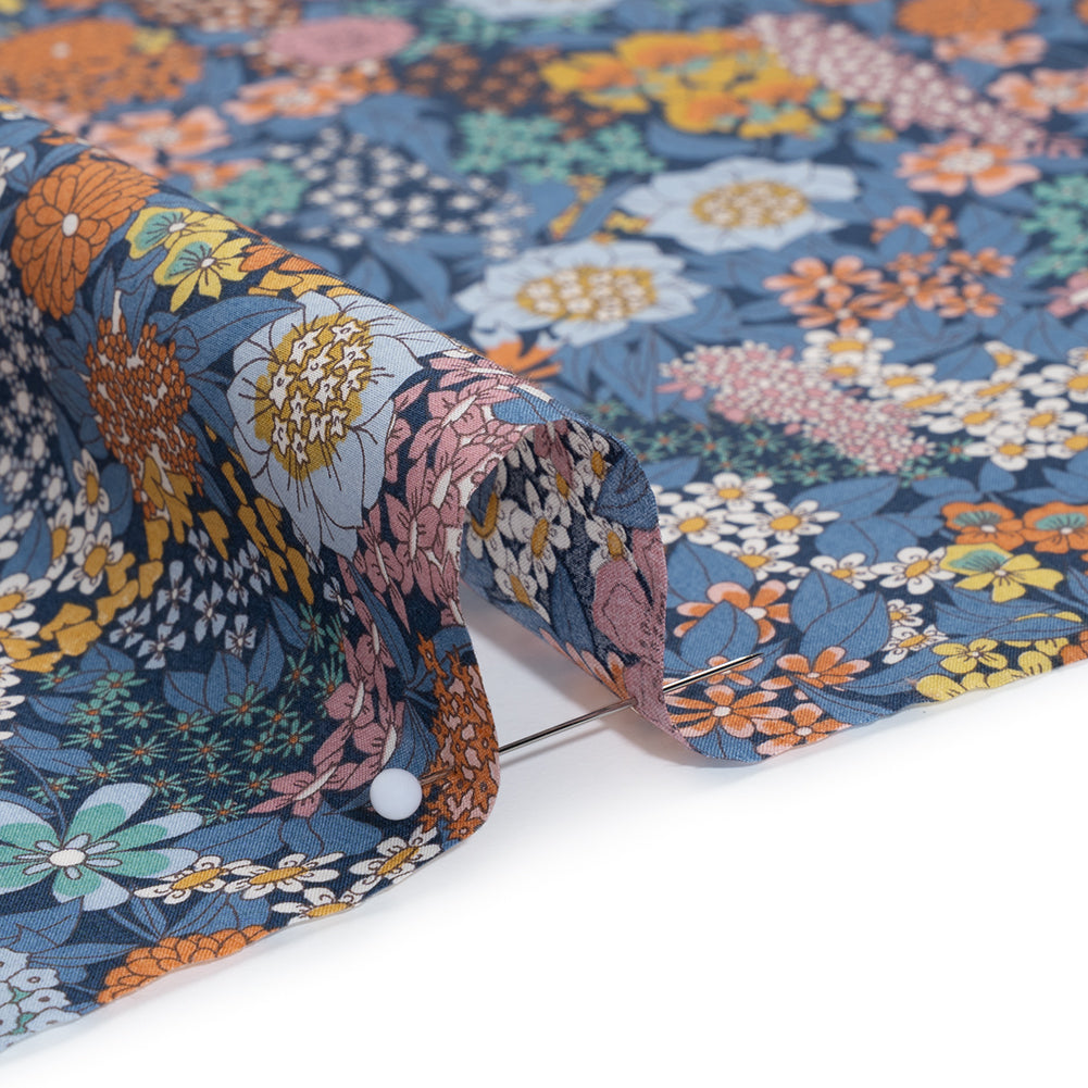 Liberty Fabrics Tana Lawn® - Ciara Dark Blue - Muted Blue, Dark Orange and Rose Pink Flower Garden