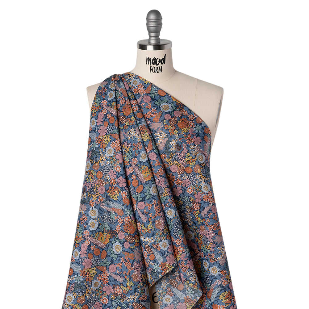 Liberty Fabrics Tana Lawn® - Ciara Dark Blue - Muted Blue, Dark Orange and Rose Pink Flower Garden