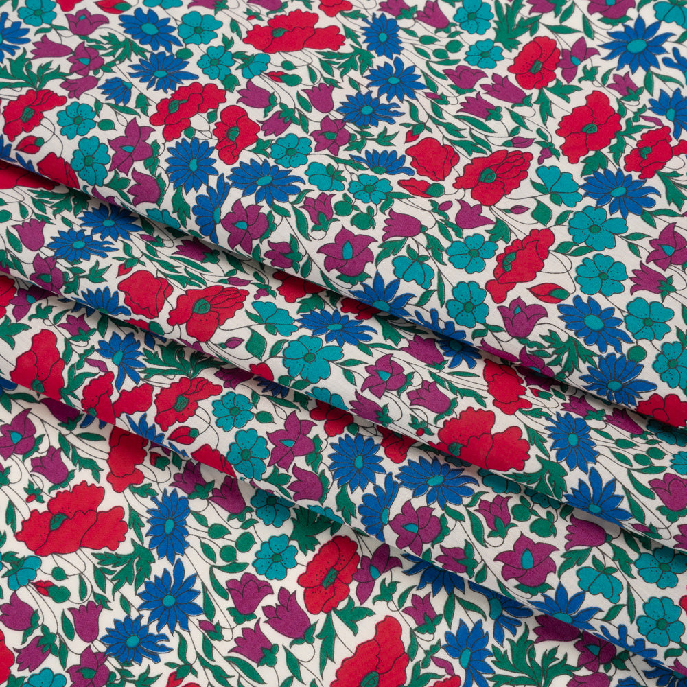 Liberty Fabrics Tana Lawn® - Poppy & Daisy Blue Turquoise - Red, Fuchsia and Bright Blue Fine Lined Illustrated Florals
