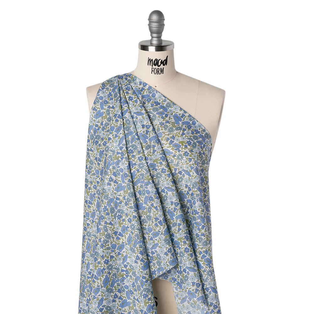 Liberty Fabrics Tana Lawn® - Poppy & Daisy Blue - Sky Blue, Country Blue and Sage Green Fine Lined Illustrated Florals
