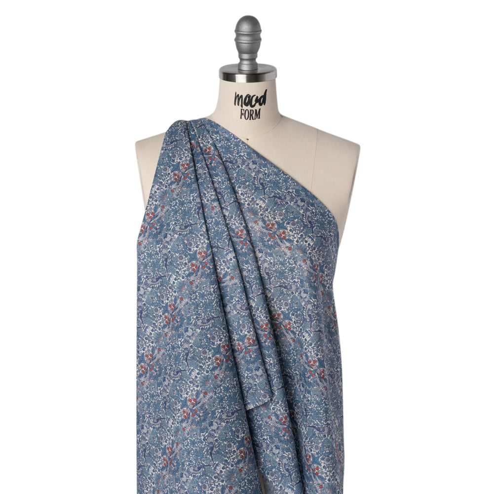 Liberty Fabrics Tana Lawn® - Strawberry Thief Spring Blue - Muted Blue Green, Navy and Red Birds, Berries and Flowers