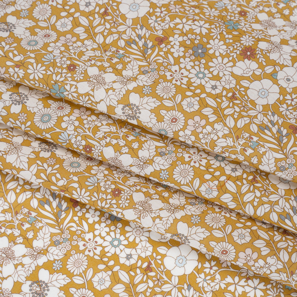 Liberty Fabrics Tana Lawn® - June's Meadow Yellow - Ochre, White and Light Blue Illustrated Flowers