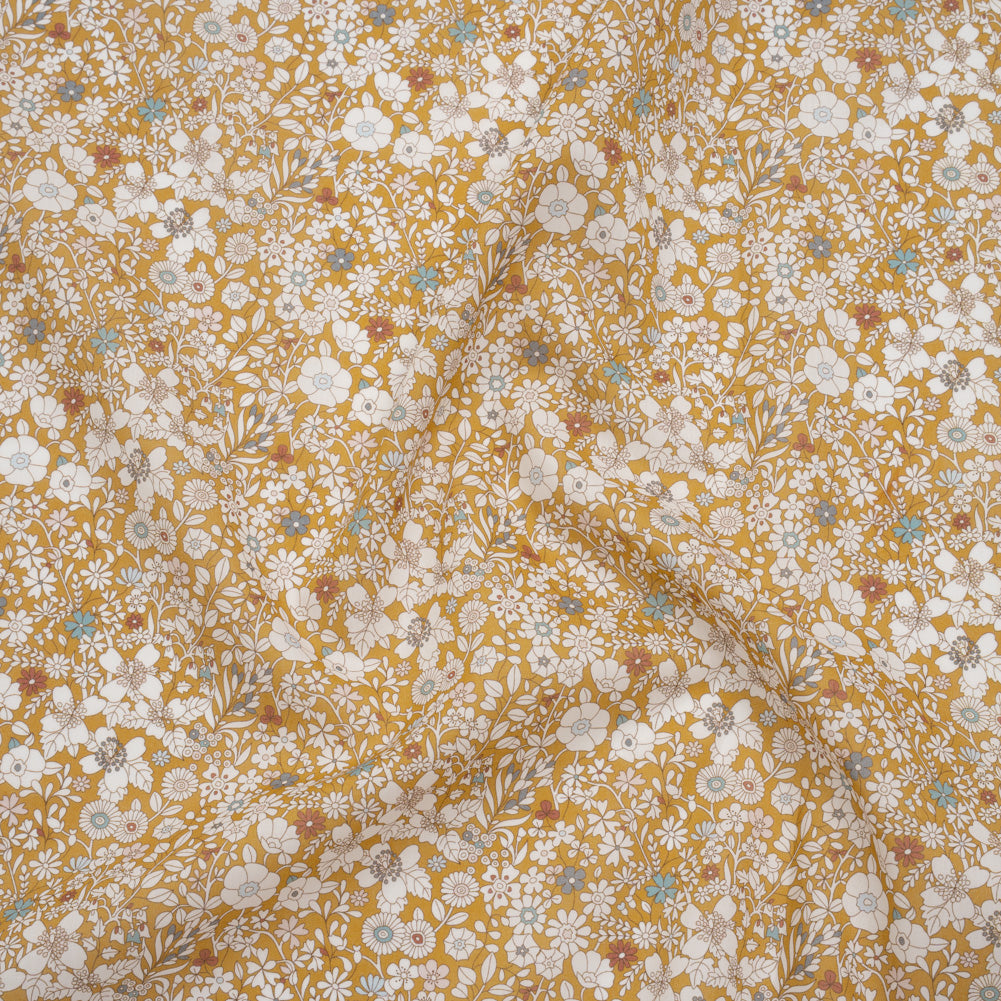 Liberty Fabrics Tana Lawn® - June's Meadow Yellow - Ochre, White and Light Blue Illustrated Flowers