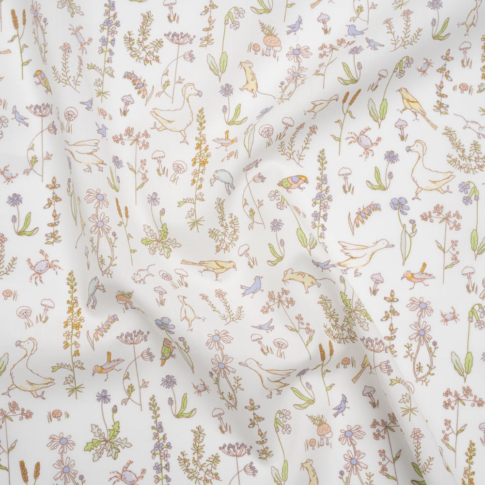 Liberty Fabrics Tana Lawn® - Theo Yellow - Pale Yellow, Spring Green and Blue Cartoon Creatures and Flowers