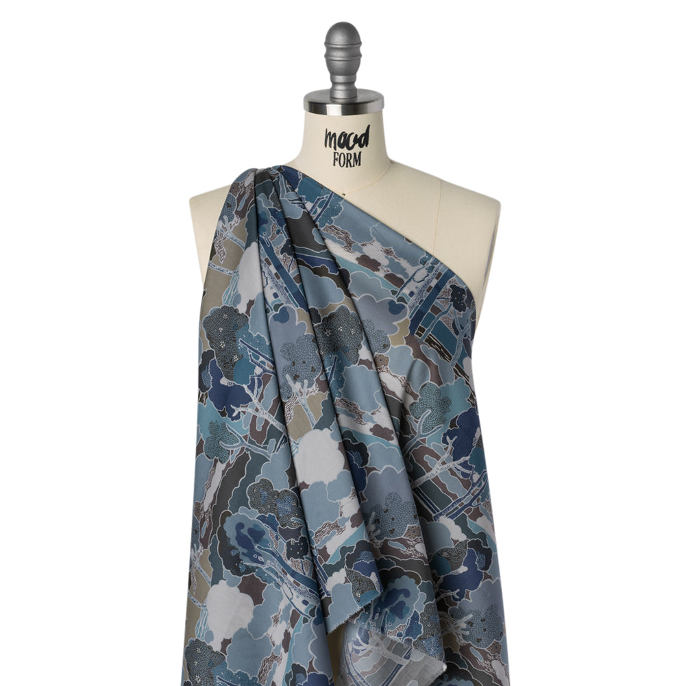 Liberty Fabrics Tana Lawn® - Prospect Road Dark Blue - Navy, Storm Blue and Brown Tree Filled Landscape