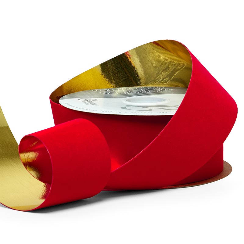 Red Velvet Flocked with Gold Backing Ribbon Red (2 5/8) Color 1 / ROLL