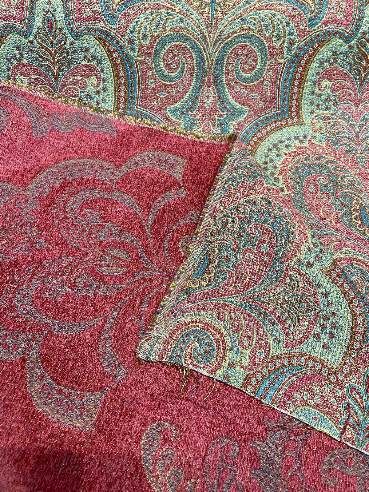 Robert Allen Shahmin Cassis Chenille Upholstery Fabric - Pink, Green Damask, 57" Width (1 Yard)