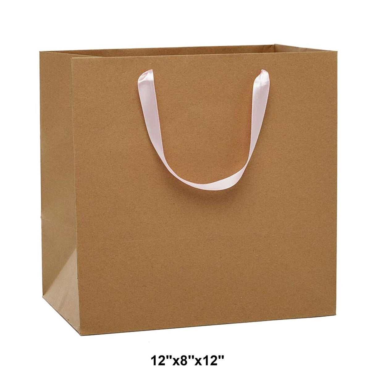 Heavy Kraft Euro Totes with Satin Ribbon Handles 12''x8''x12'' Light Pink Color 12 EACH / PACKAGE