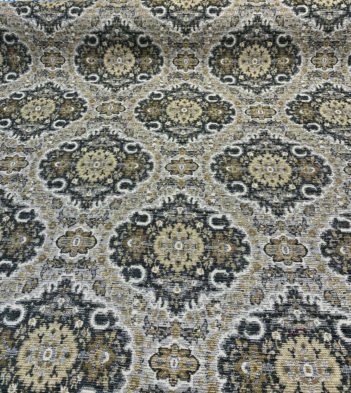 Swavelle Munsee Royal Onyx Damask Chenille Fabric - Antique Gold, Charcoal Black, Taupe Medallion Pattern, 54" Width (1 Yard)