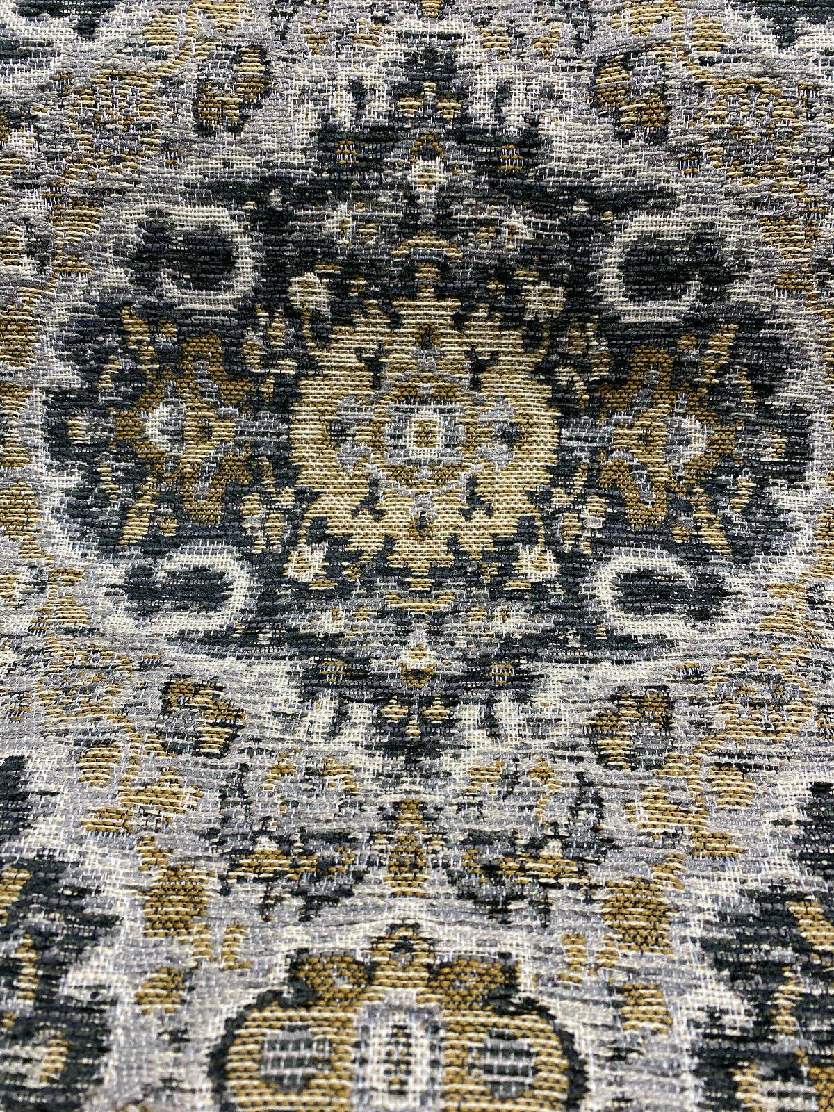 Swavelle Munsee Royal Onyx Damask Chenille Fabric - Antique Gold, Charcoal Black, Taupe Medallion Pattern, 54" Width (1 Yard)
