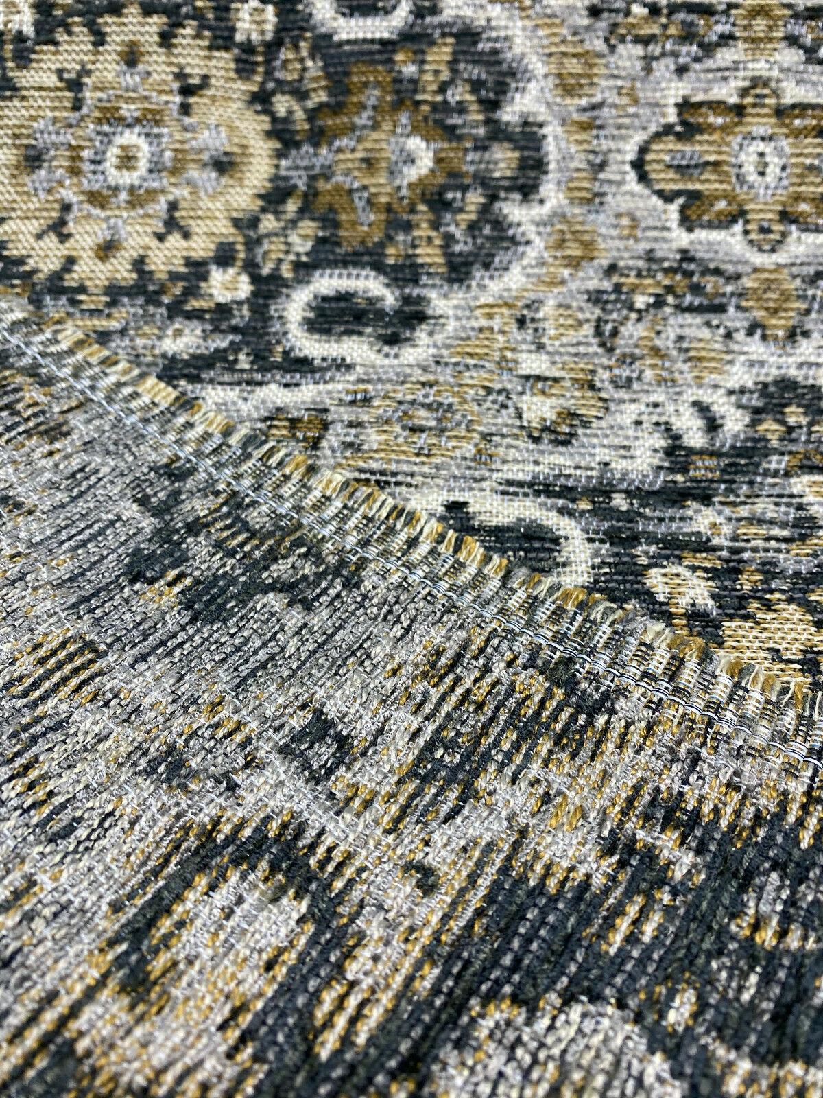 Swavelle Munsee Royal Onyx Damask Chenille Fabric - Antique Gold, Charcoal Black, Taupe Medallion Pattern, 54" Width (1 Yard)
