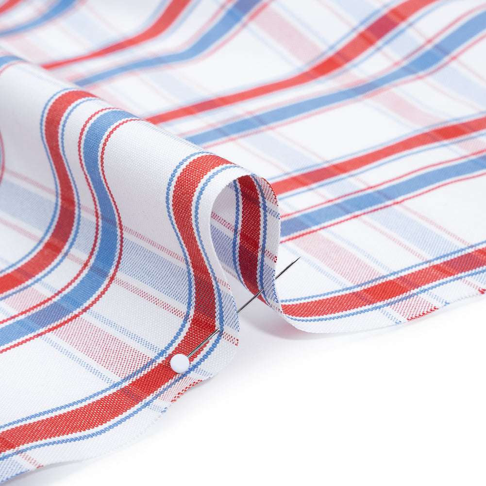 Cotton Oxford Shirting - Sky Blue, Tango Red and White Plaid - Deadstock