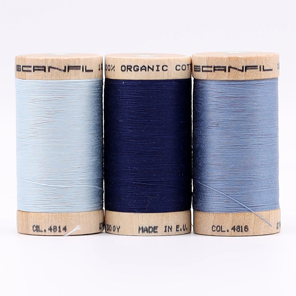 SCANFIL® 30wt Organic Pima Cotton Thread Trio Set - 3ct 300yd Spools - Denim Blues
