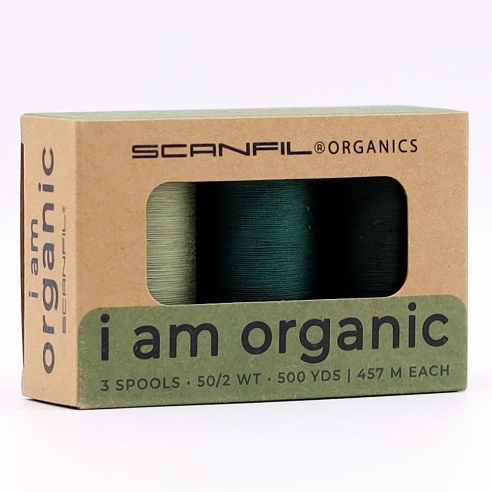 SCANFIL® 50wt Organic Pima Cotton Thread Trio Set - 3ct 500yd Spools - Foresty Greens