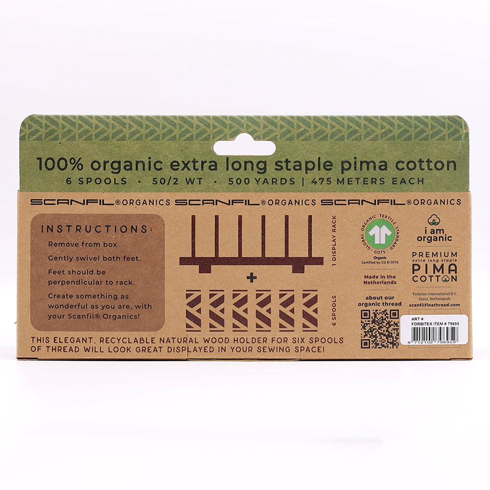 SCANFIL® 50wt Organic Pima Cotton Thread Set - 6ct 500yd Spools & Wood Rack - Pastels