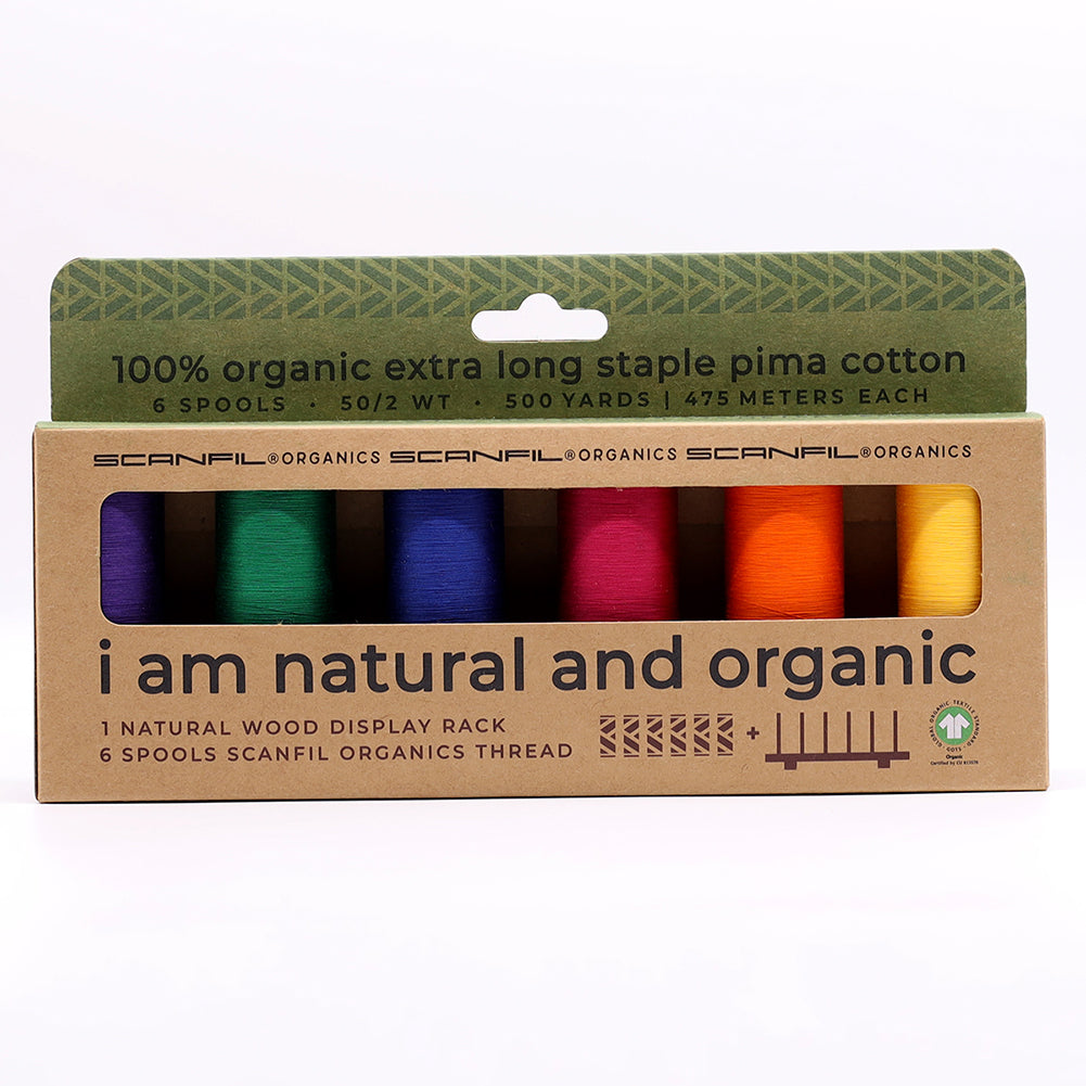 SCANFIL® 50wt Organic Pima Cotton Thread Set - 6ct 500yd Spools & Wood Rack - Jewel Tones