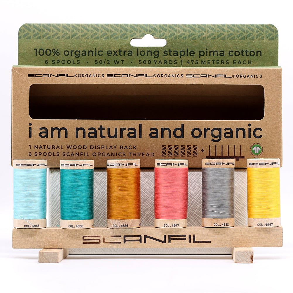 SCANFIL® 50wt Organic Pima Cotton Thread Set - 6ct 500yd Spools & Wood Rack - Fashion Mix