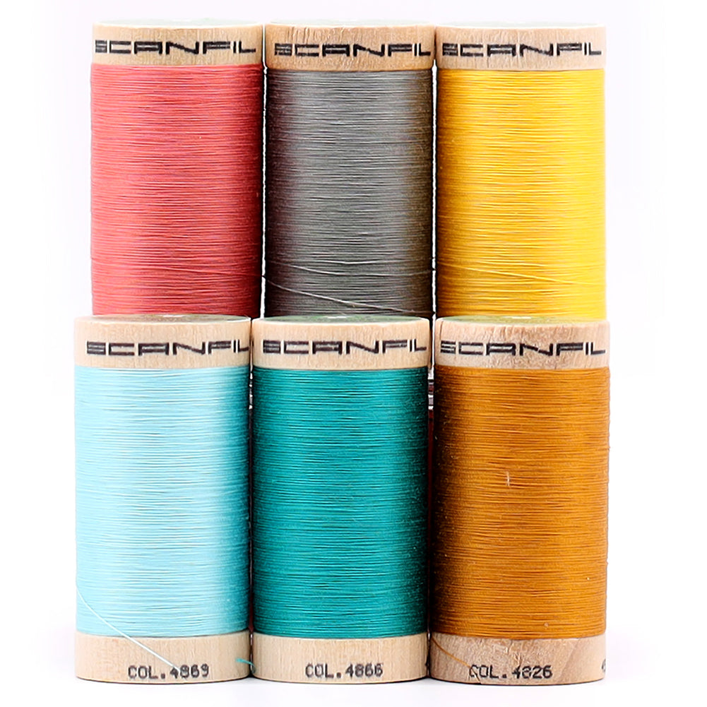 SCANFIL® 50wt Organic Pima Cotton Thread Set - 6ct 500yd Spools & Wood Rack - Fashion Mix