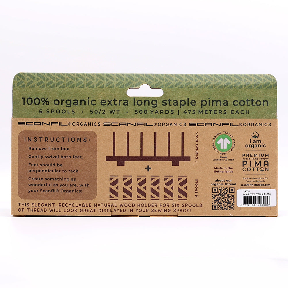 SCANFIL® 50wt Organic Pima Cotton Thread Set - 6ct 500yd Spools & Wood Rack - Fashion Mix
