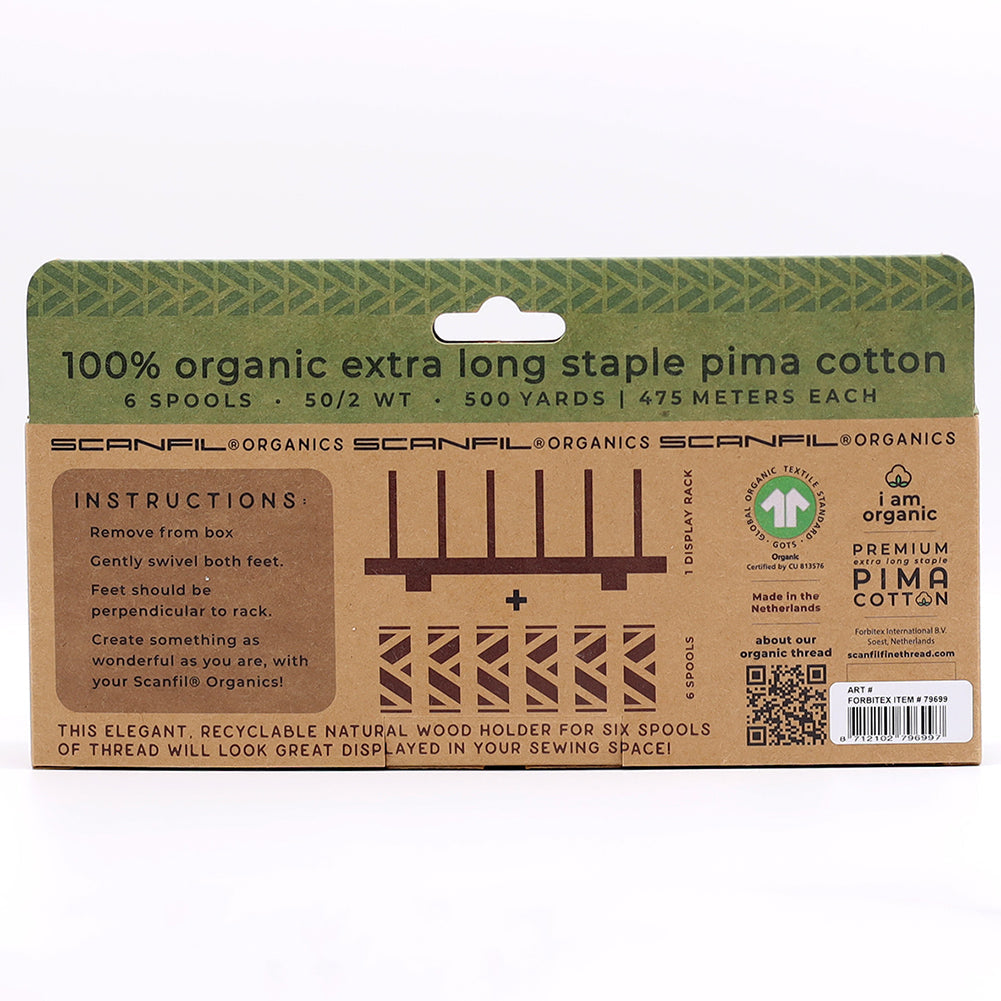 SCANFIL® 50wt Organic Pima Cotton Thread Set - 6ct 500yd Spools & Wood Rack - Patriotic