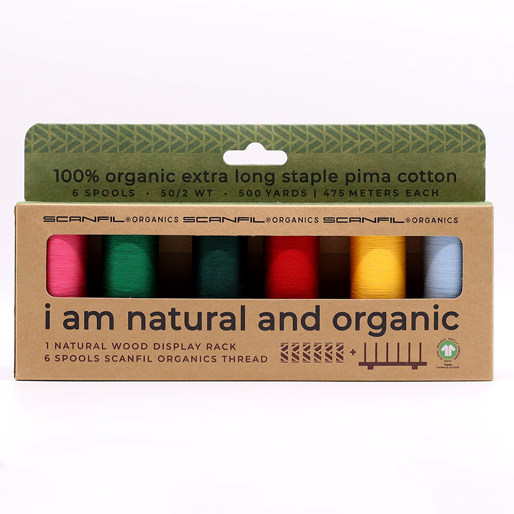 SCANFIL® 50wt Organic Pima Cotton Thread Set - 6ct 500yd Spools & Wood Rack - Trendy Holiday