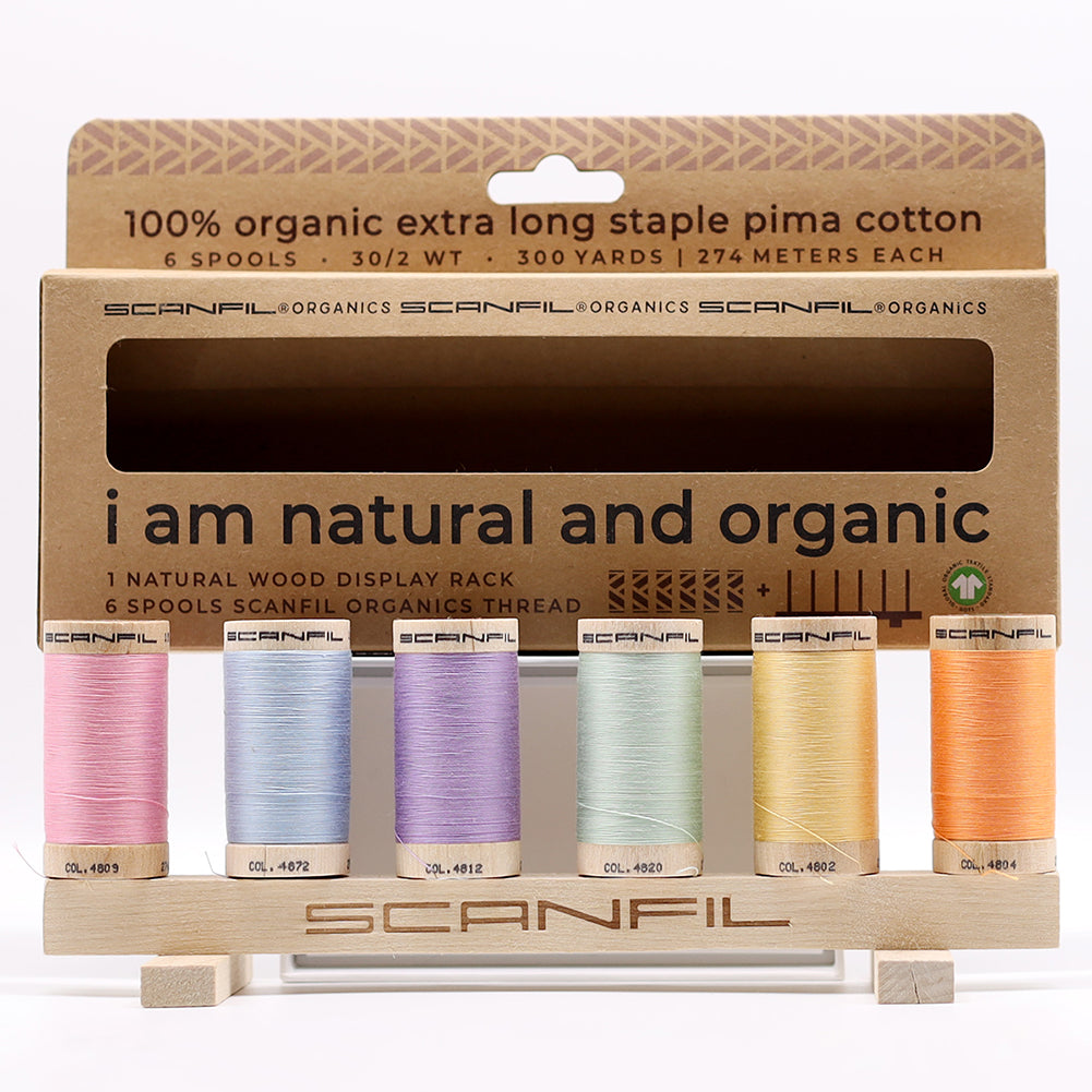 SCANFIL® 30wt Organic Pima Cotton Thread Set - 6ct 300yd Spools & Wood Rack - Pastels