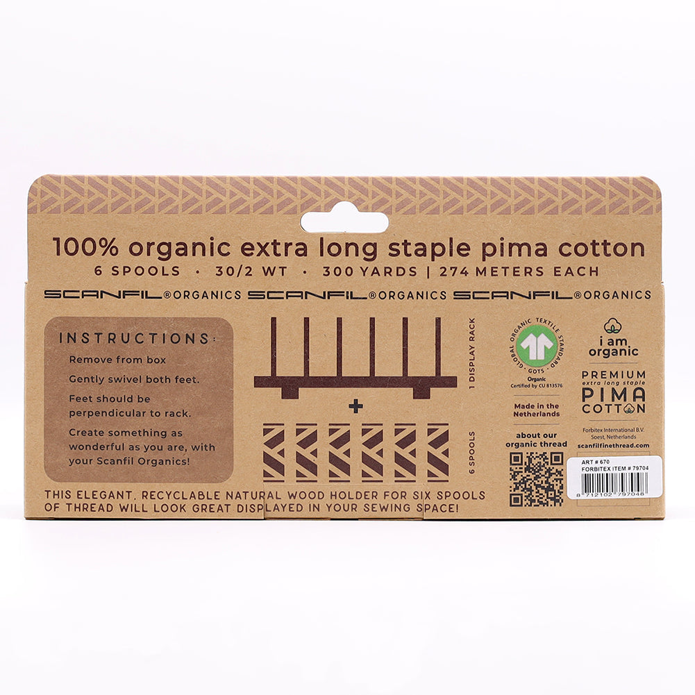 SCANFIL® 30wt Organic Pima Cotton Thread Set - 6ct 300yd Spools & Wood Rack - Jewel Tones