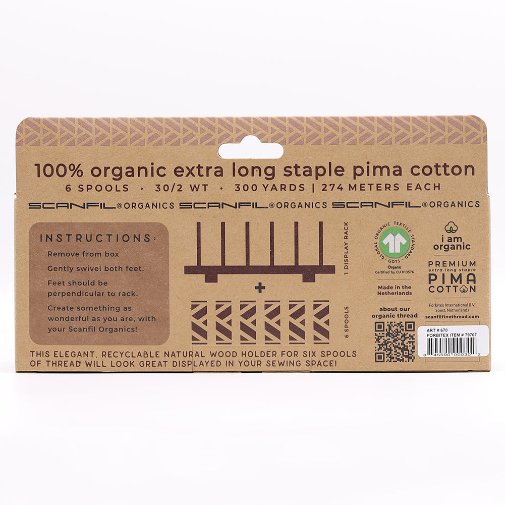SCANFIL® 30wt Organic Pima Cotton Thread Set - 6ct 300yd Spools & Wood Rack - Patriotic