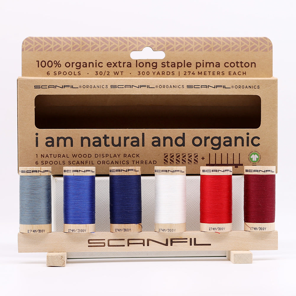 SCANFIL® 30wt Organic Pima Cotton Thread Set - 6ct 300yd Spools & Wood Rack - Patriotic