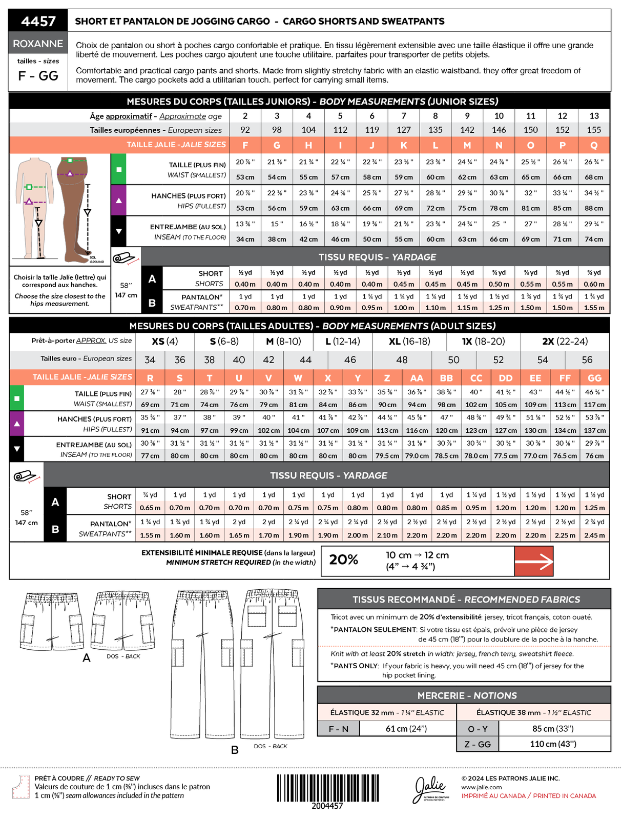 Sewing Pattern Roxanne Cargo Shorts and Sweatpants by Jalie