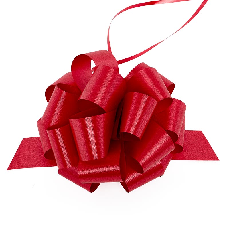 5" Large Poly Pull Bows – Red Embossed, 1 1/4" Width, 5" Diameter (50 Pieces per Roll)