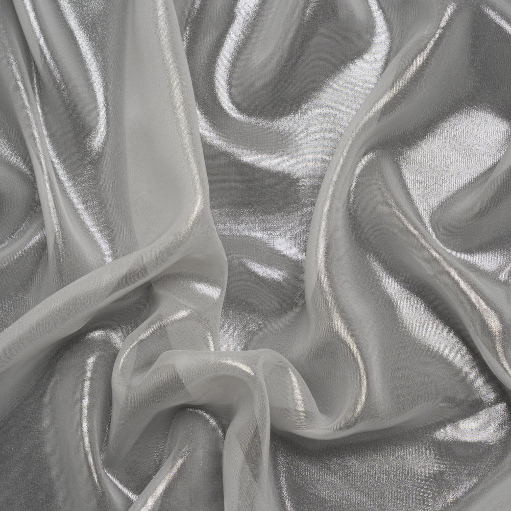 Liquid Sheen Metallic Polyester Chiffon - Silver on White - Liquid Sheen Chiffon Collection