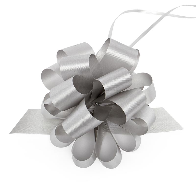5" Large Poly Pull Bows –Silver Embossed, 1 1/4" Width, 5" Diameter (50 Pieces per Roll)