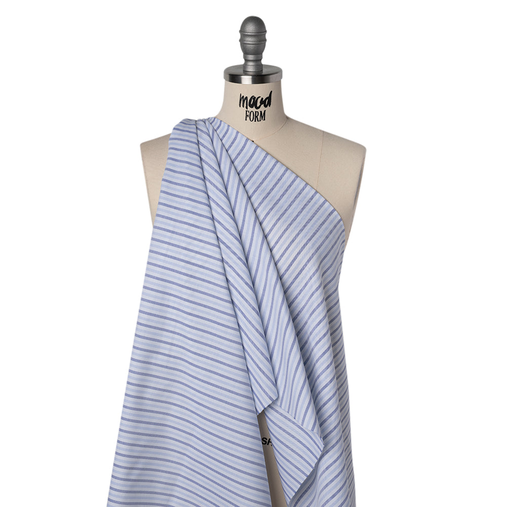 Cotton Oxford Shirting - Sky Blue, Cobalt and White Alternating Stripes - Designer Deadstock