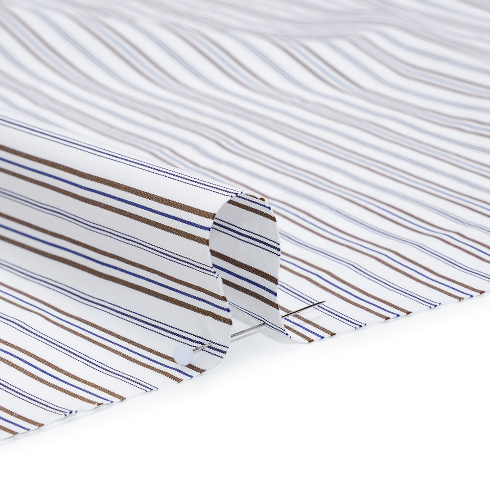 Cotton Shirting - Blue, Brown and White Ticking Stripes - Deadstock
