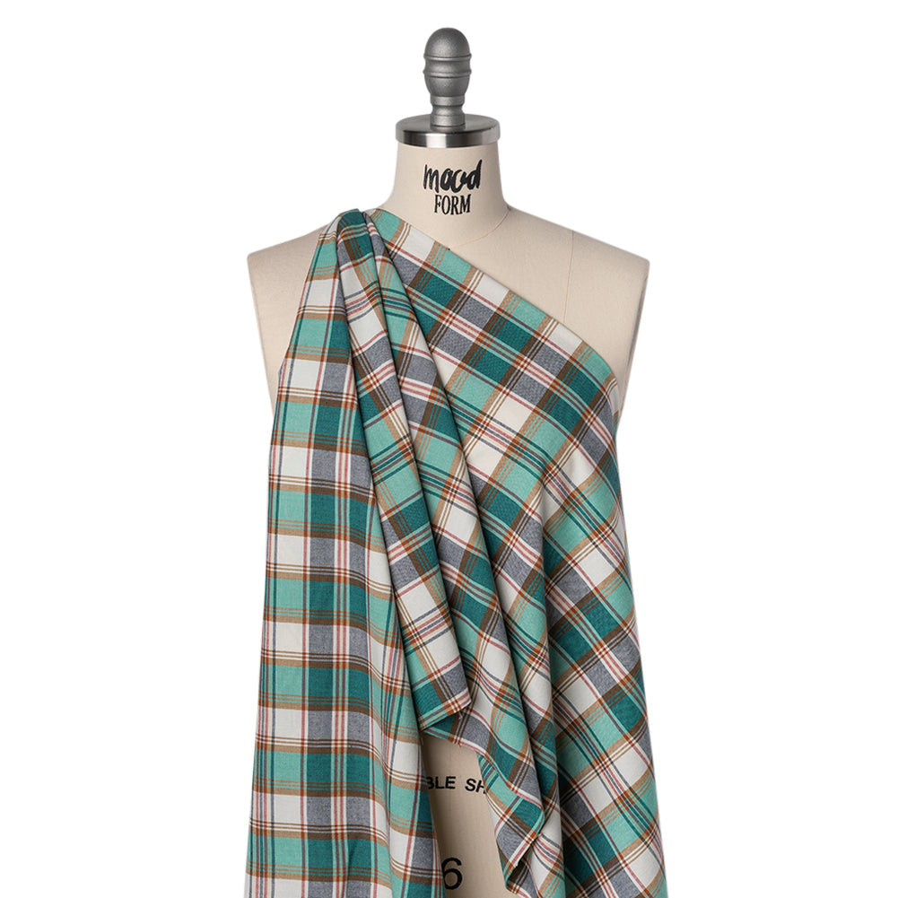 Brushed Cotton Shirting - Aqua Blue, Tan and Red Plaid - Deadstock