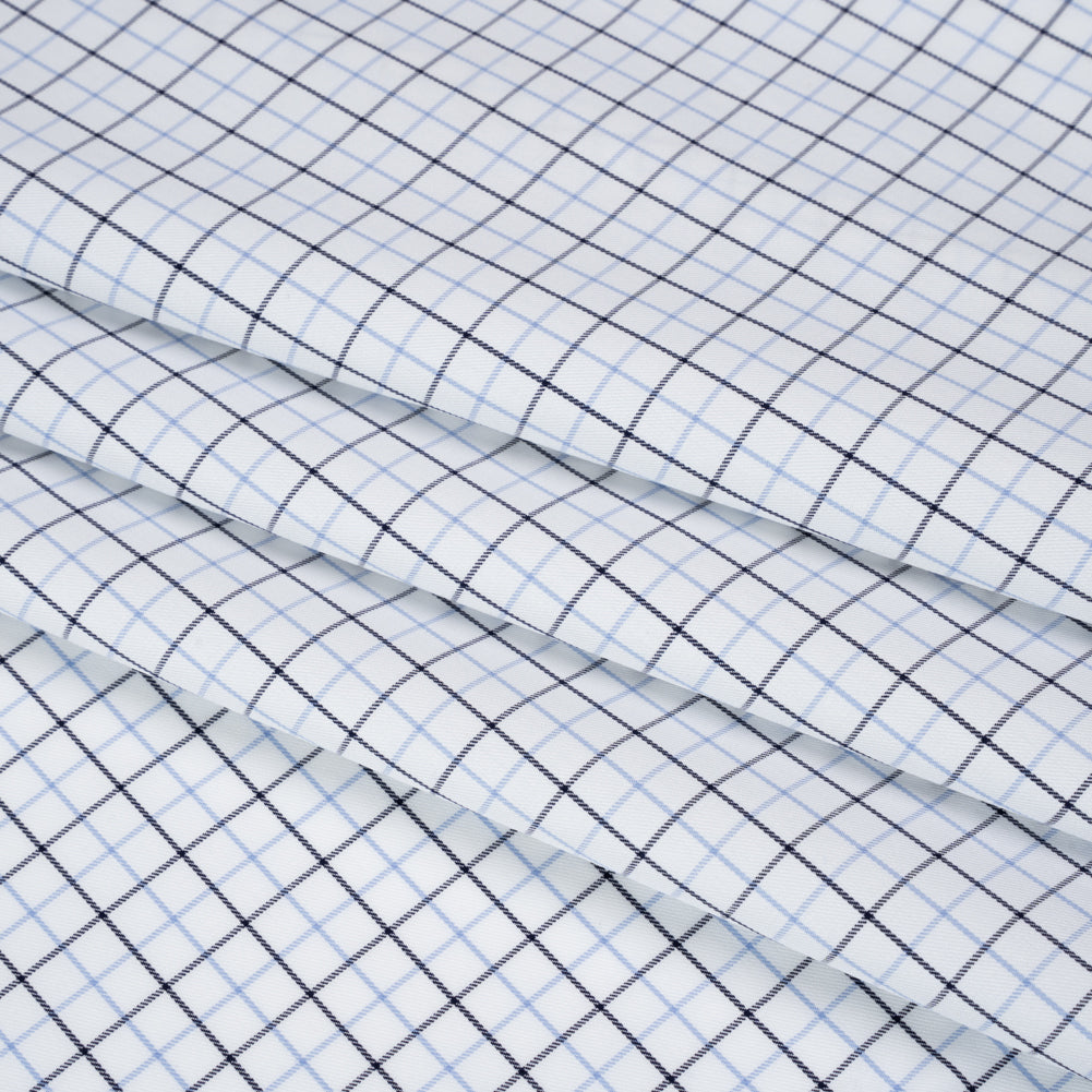Cotton Twill Shirting - Sky Blue, Navy and White Tattersall Check - Designer Deadstock