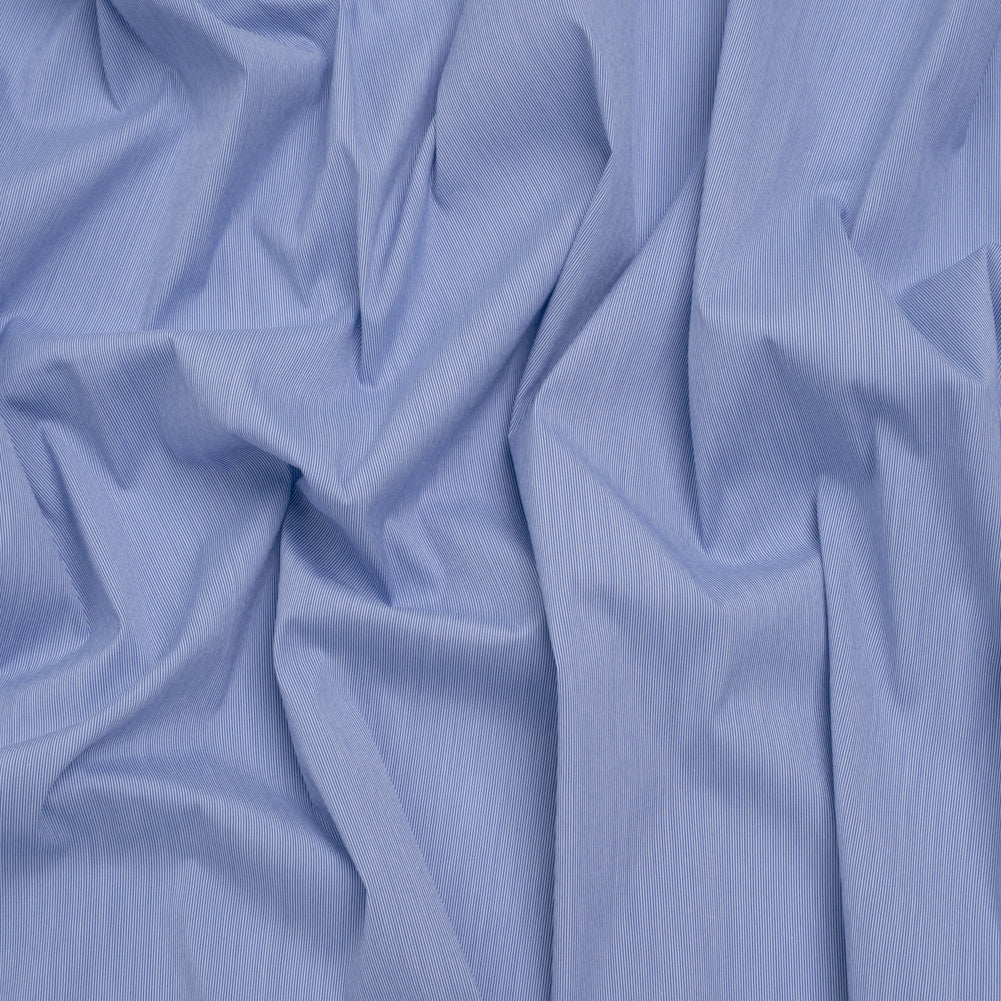 Stretch Cotton Shirting - Bold Blue and White Micro Stripes - Designer Deadstock