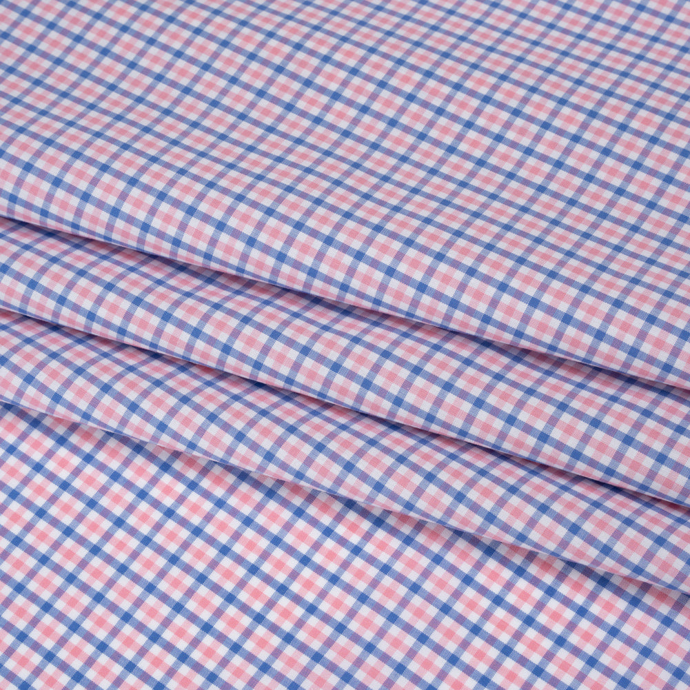 Cotton Shirting - Blue and Pink Tattersall Checks - Designer Deadstock