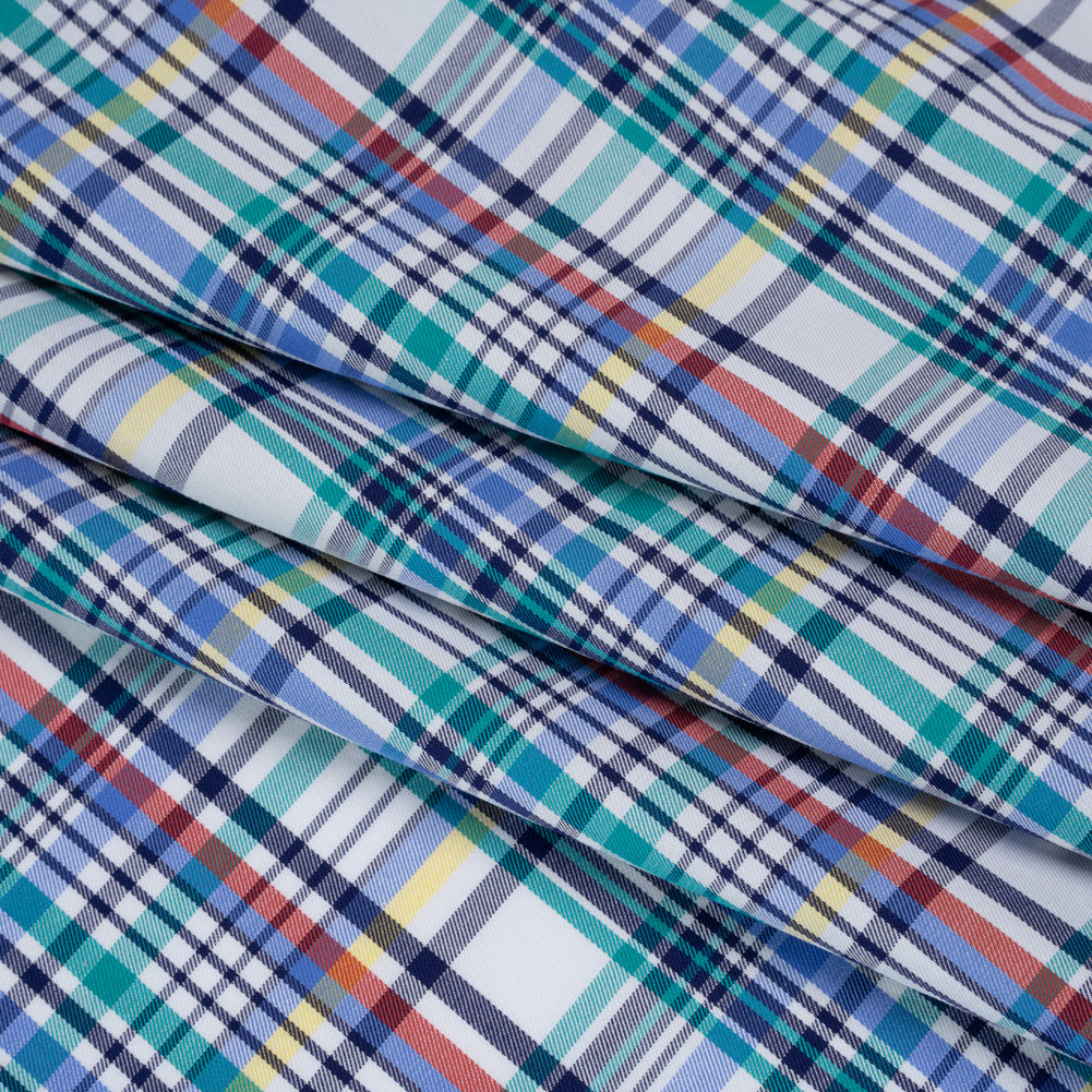 Cotton Twill Shirting - Blue, Green and Navy Colorful Plaid - Deadstock